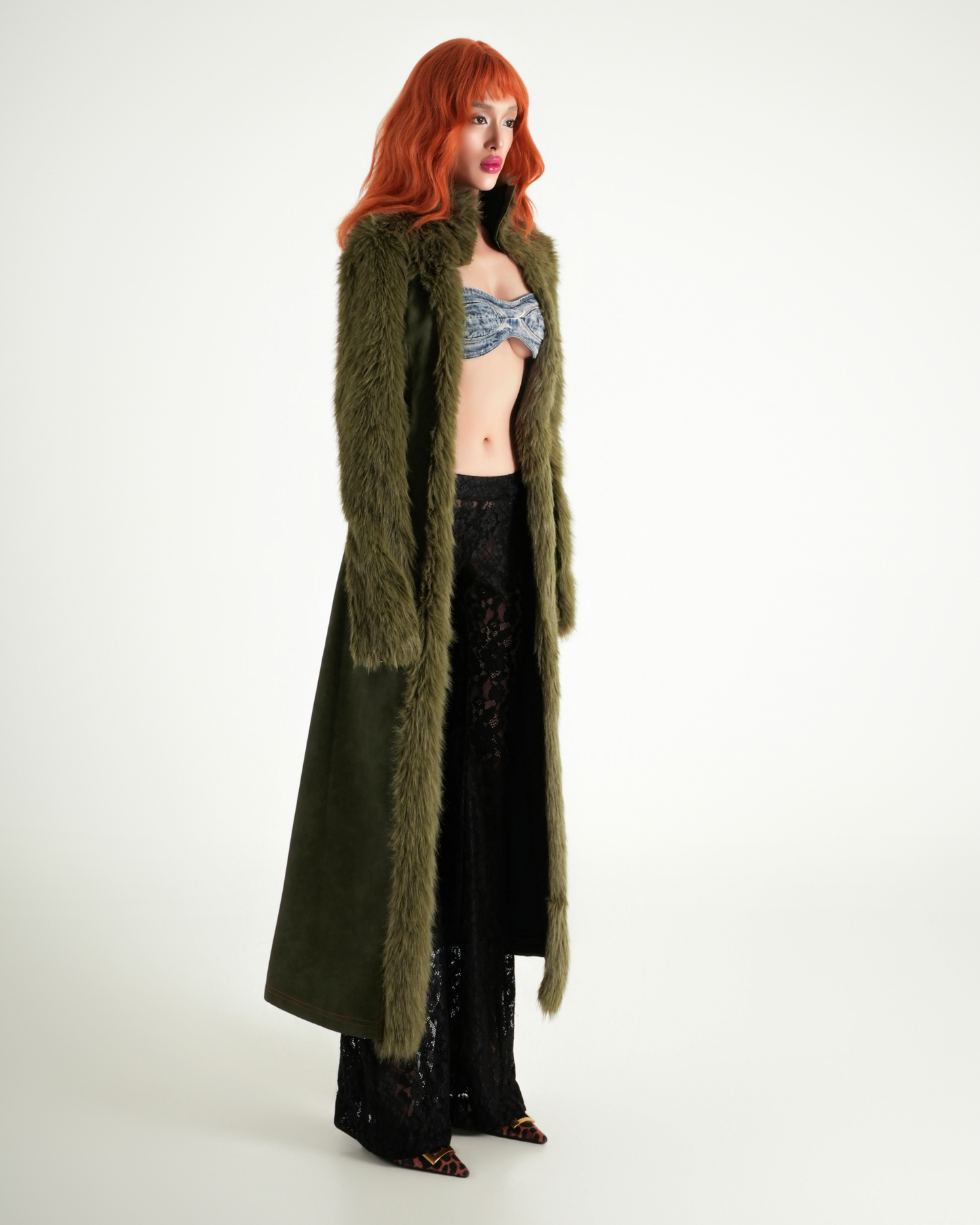 Error Leather Mixed Fur Long Coat