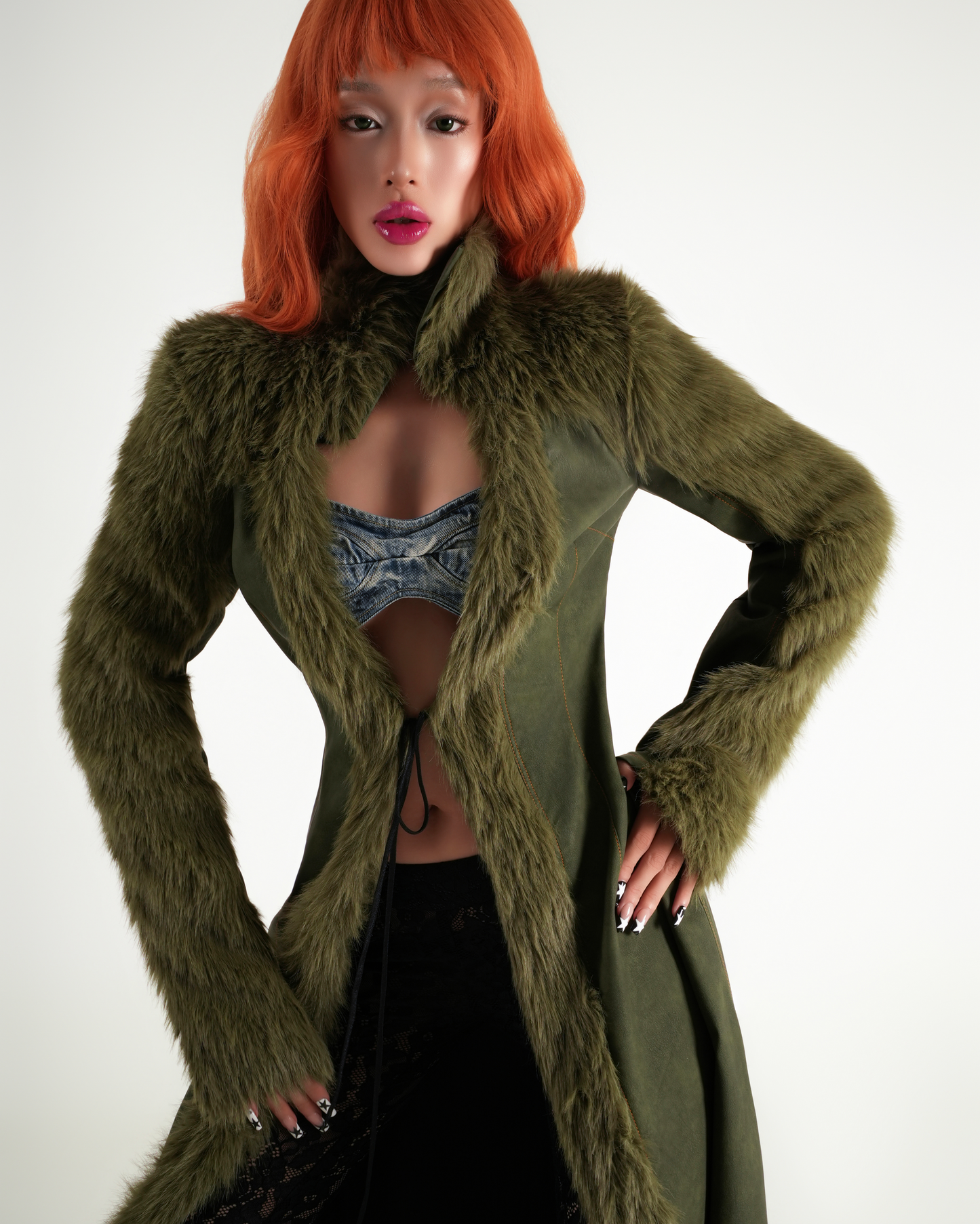 Error Leather Mixed Fur Long Coat