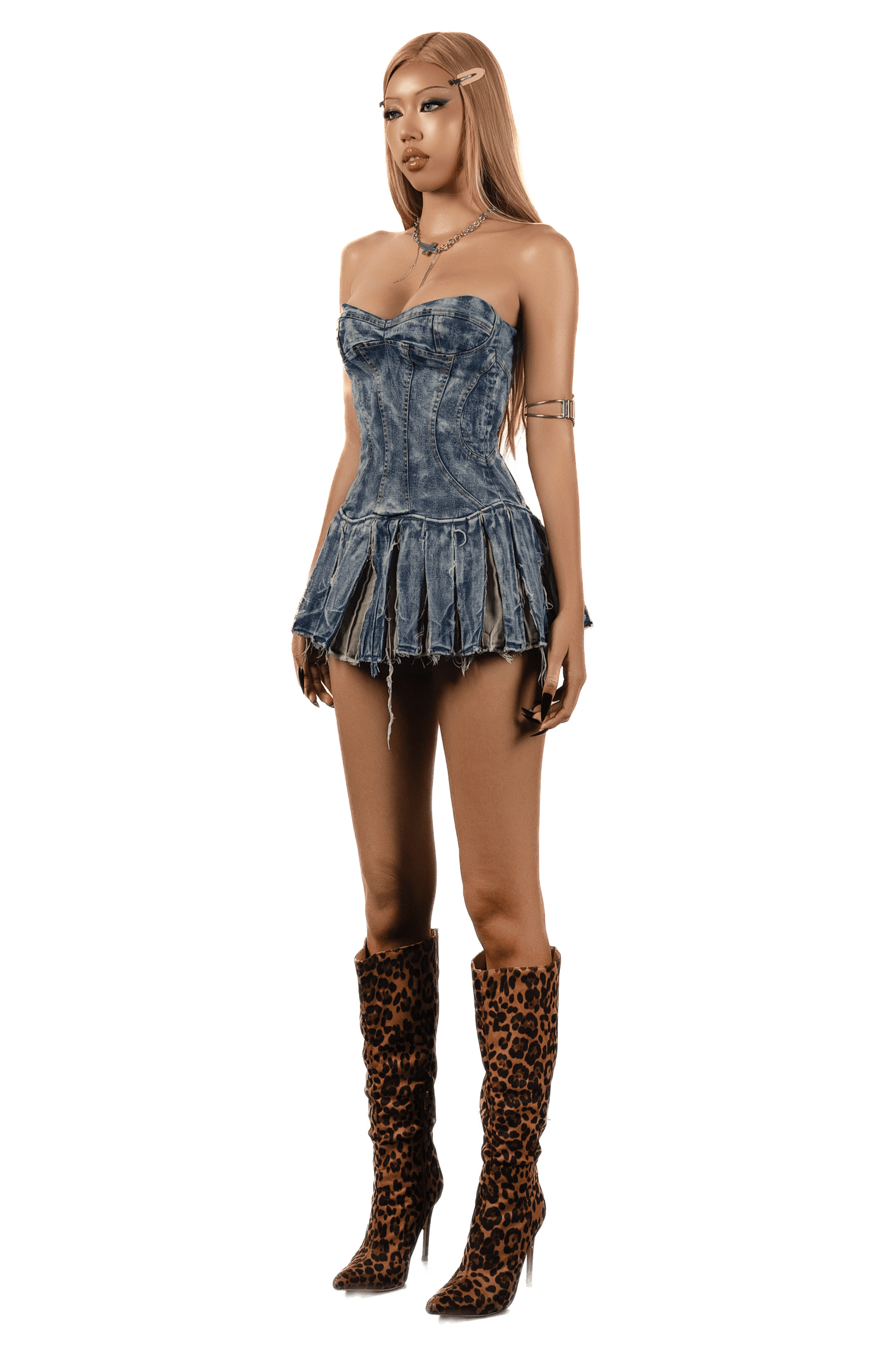 pop-strapless-pleated-denim-mini-dress tatichu astoud