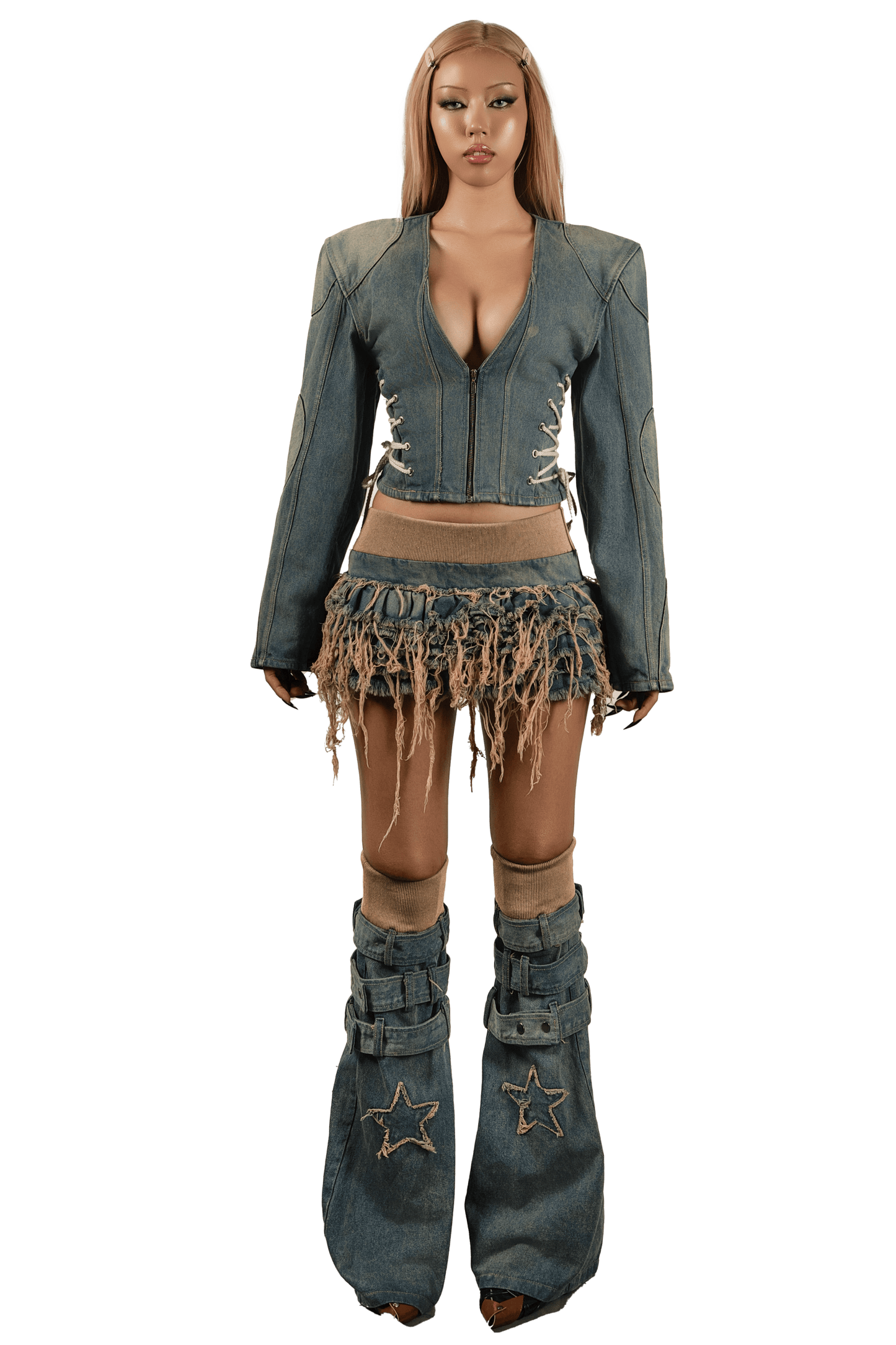 pop-bold-shoulder-lace-up-side-denim-blazer tatichu astoud