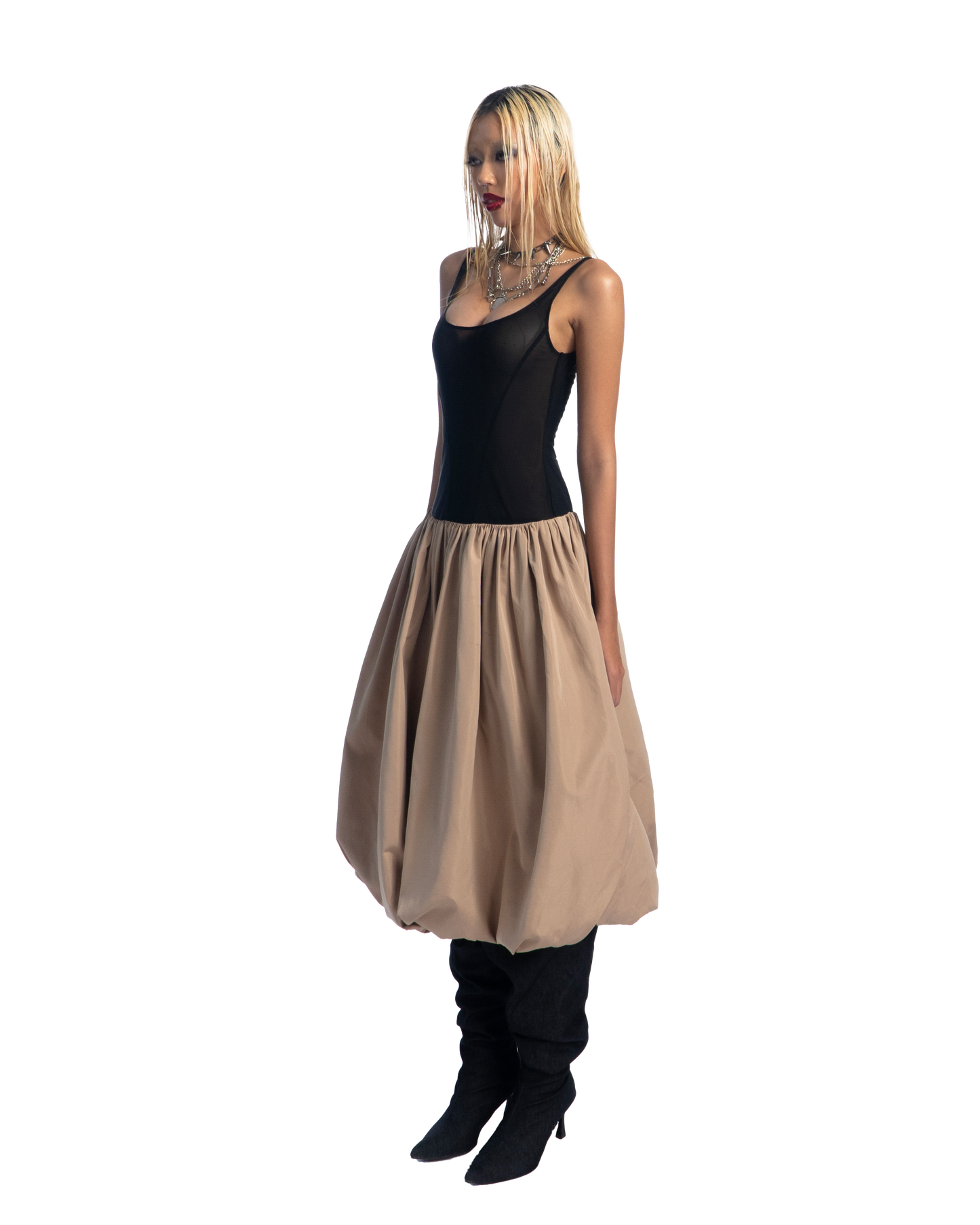 puzzle-mesh-tank-bubble-midi-dress tatichu astoud