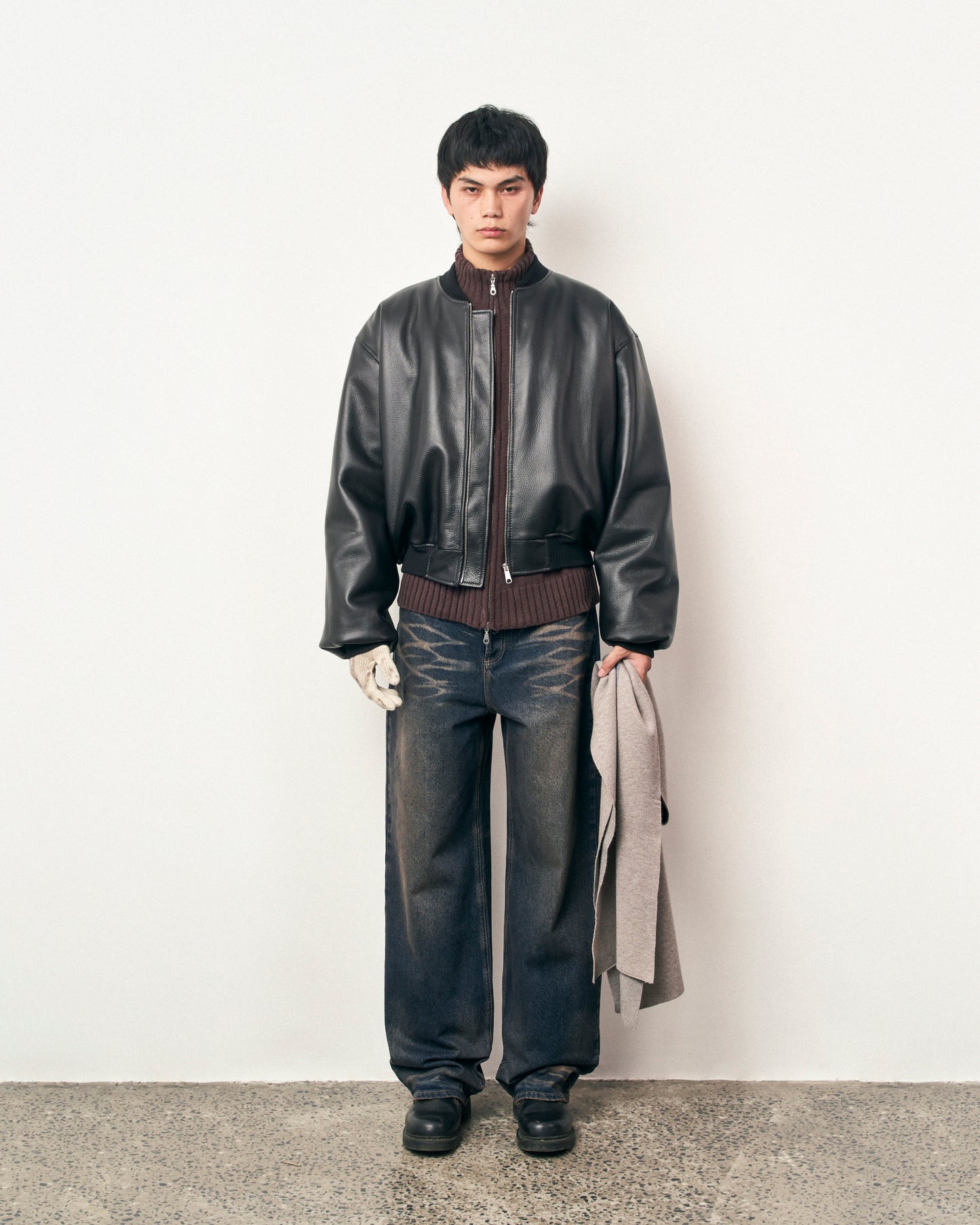 FRAGILE® Black Cropped Leather Bomber Jacket fragile club astoud