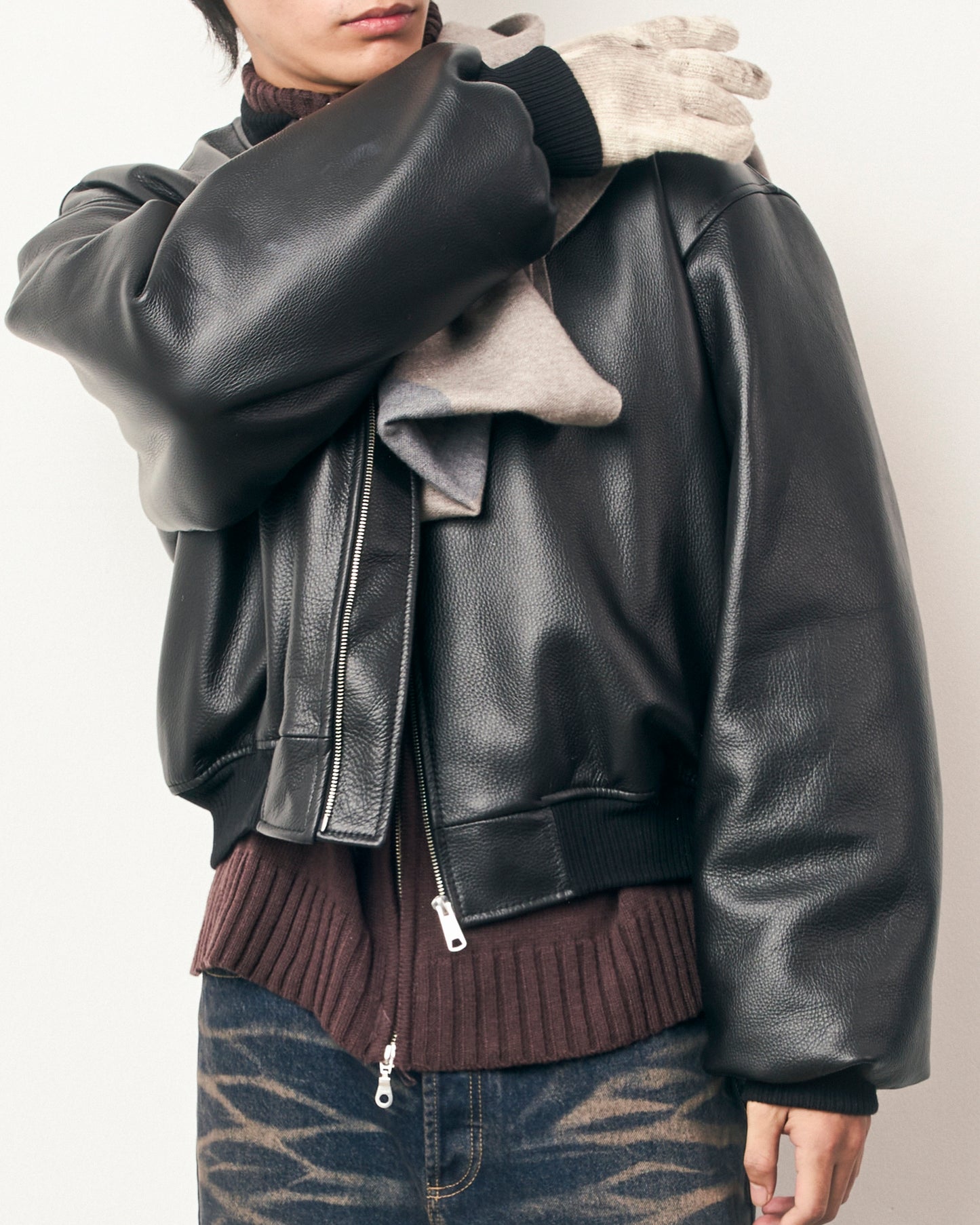 FRAGILE® Black Cropped Leather Bomber Jacket fragile club astoud