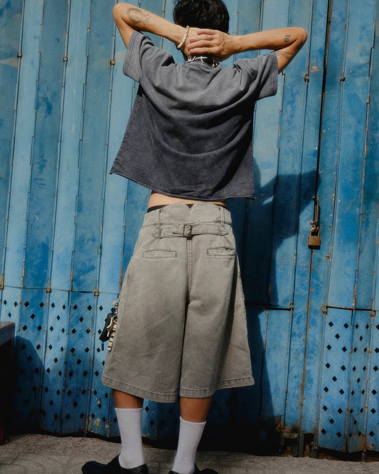 gray-buckle-shorts the idiot astoud