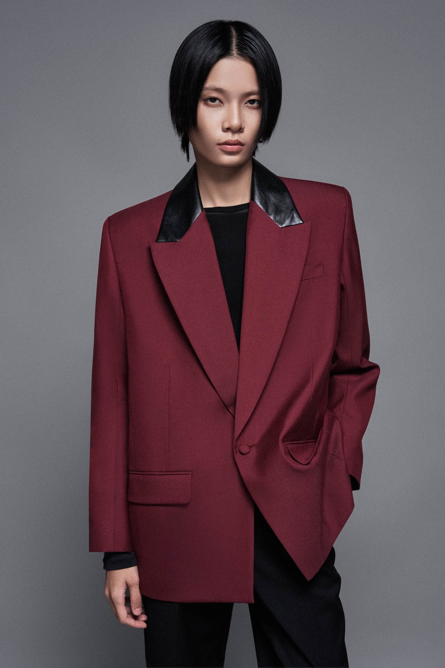 black-vegan-leather-burgundy-wool-blazer-FORTYTHREE-ASTOUD