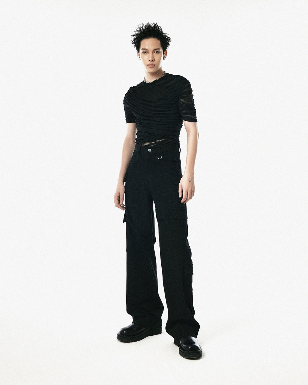 Black Mesh Ruched T-shirt