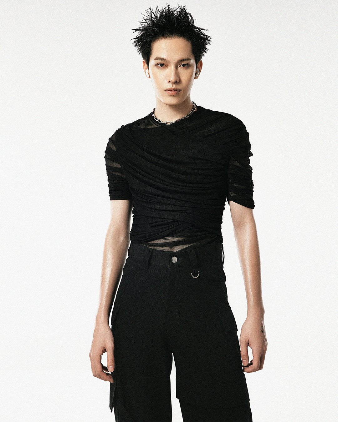 Black Mesh Ruched T-shirt