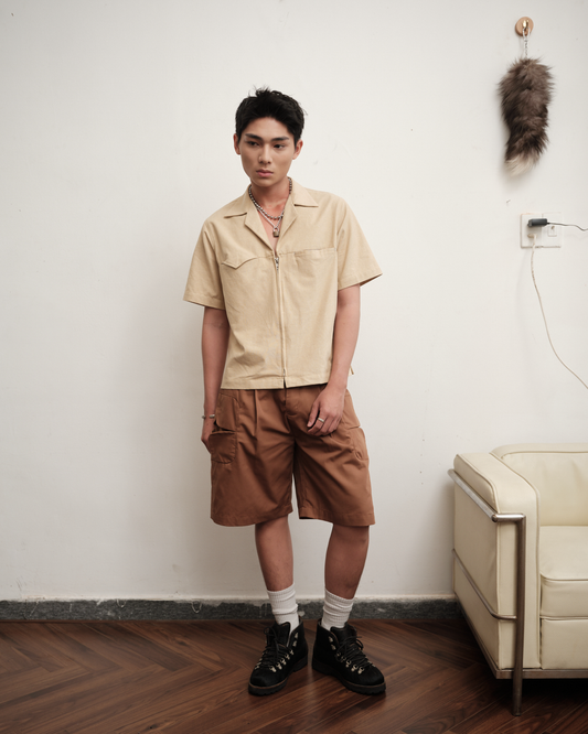 brown-zip-up-hemp-cuban-shirt saomai homme astoud
