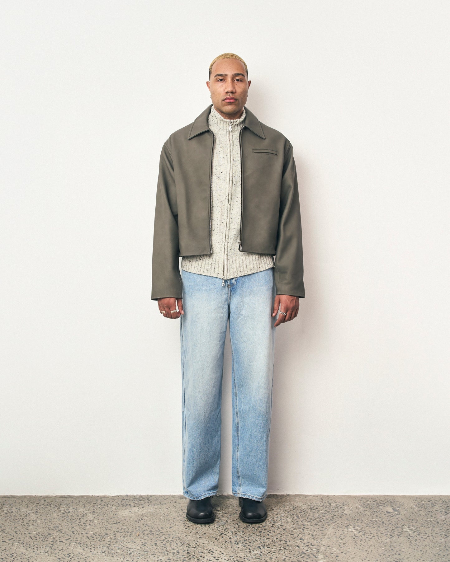 FRAGILE® Gray Cropped Leather Jacket fragile club astoud