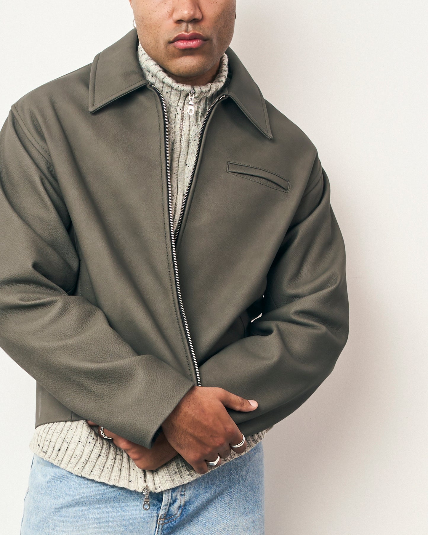 FRAGILE® Gray Cropped Leather Jacket fragile club astoud