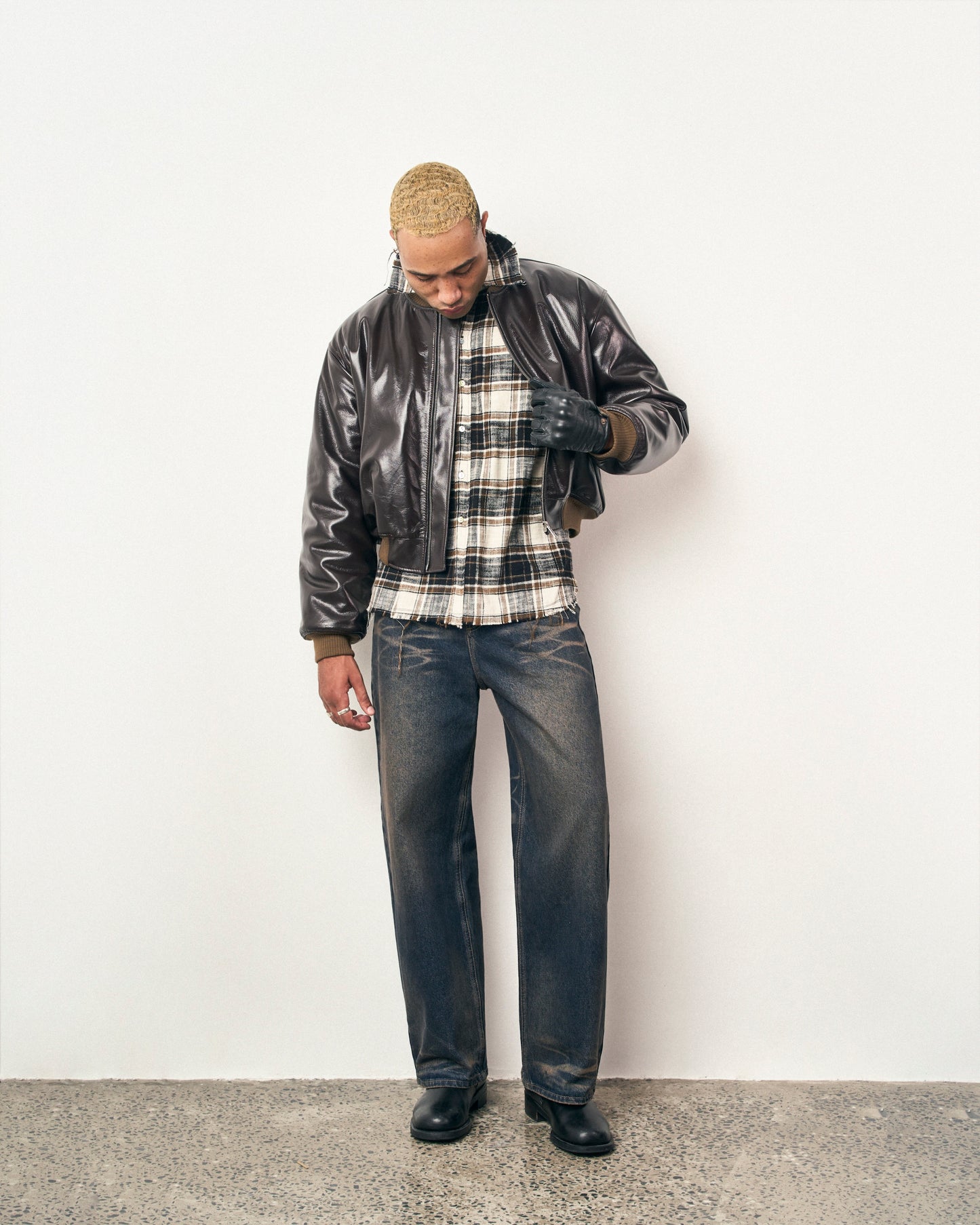 FRAGILE® Brown Cropped Leather Bomber Jacket fragile club astoud