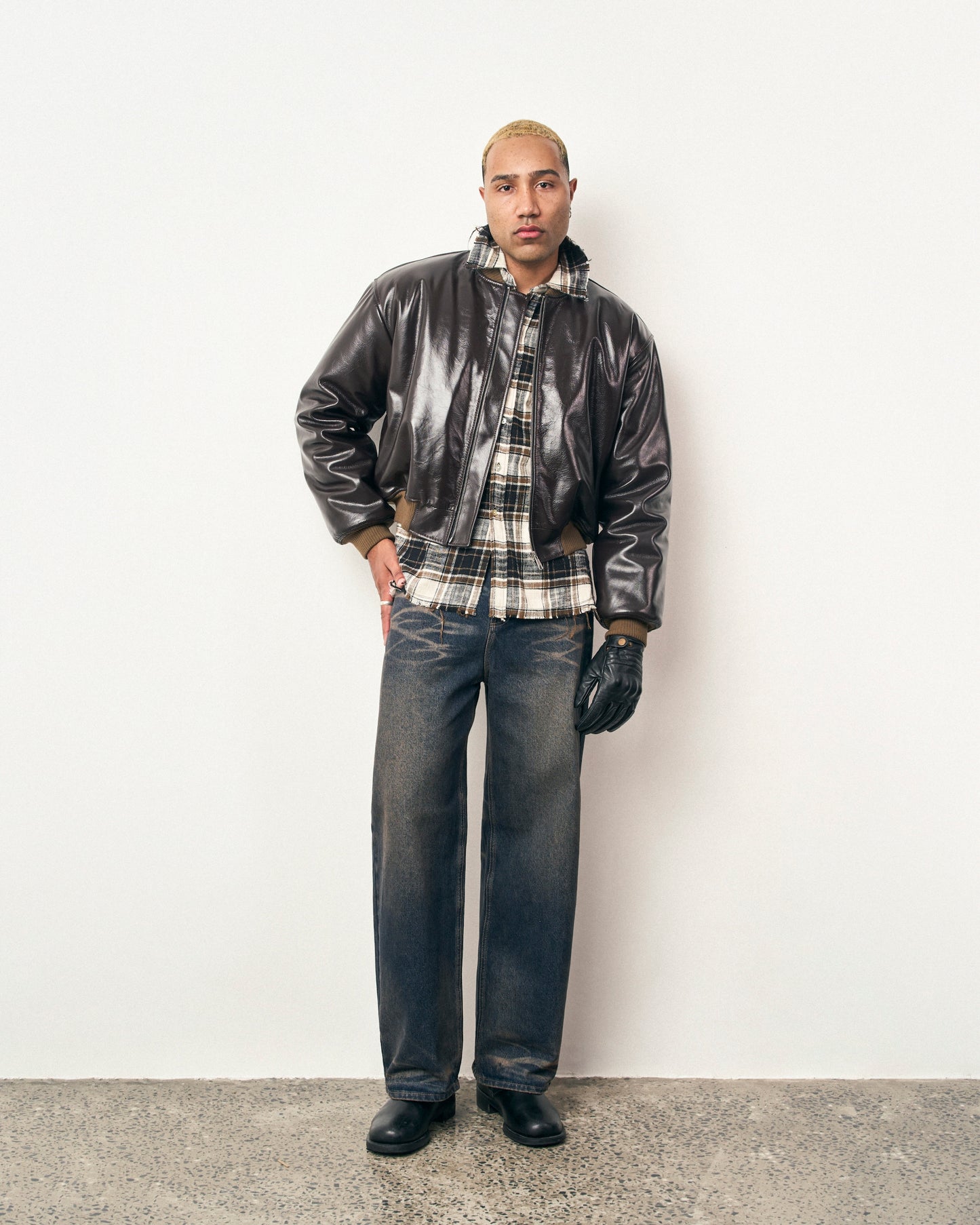 FRAGILE® Brown Cropped Leather Bomber Jacket fragile club astoud