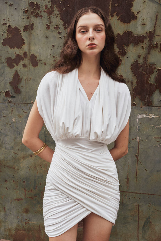 white-cotton-draped-ruched-mini-dress-FORTYTHREE