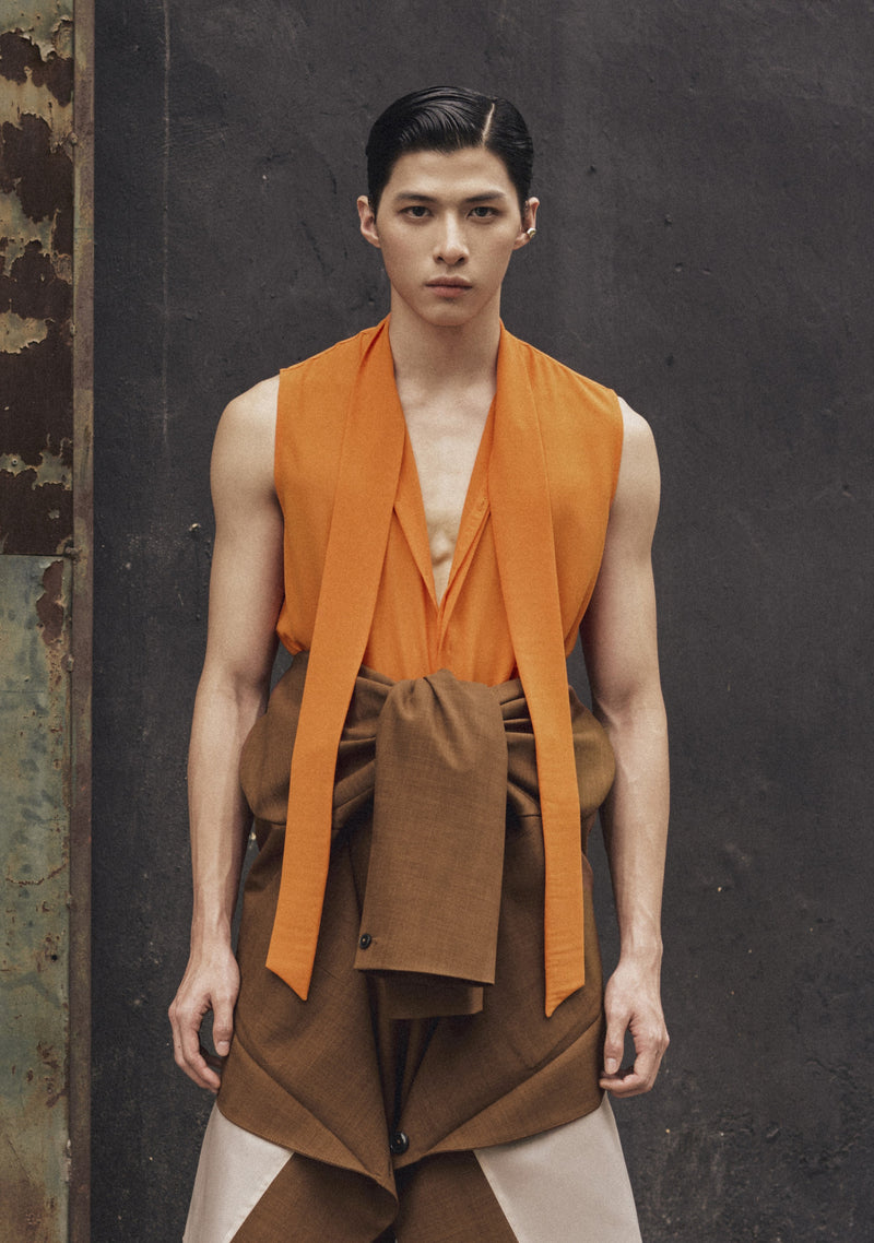 FORTYTHREE ORANGE CHIFFON SLEEVELESS SHIRT ASTOUD