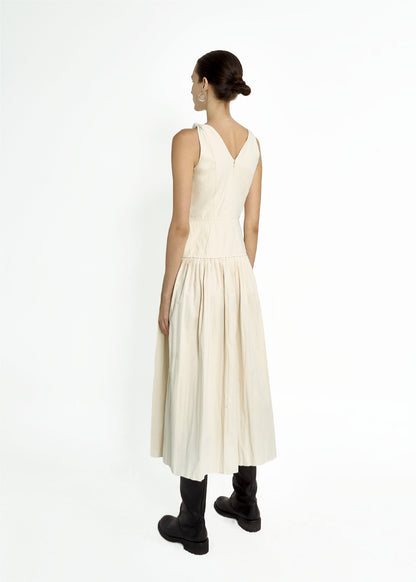 knotted-shoulder-pleated-dress-ivory-MAYNE-STUDIOS -astoud