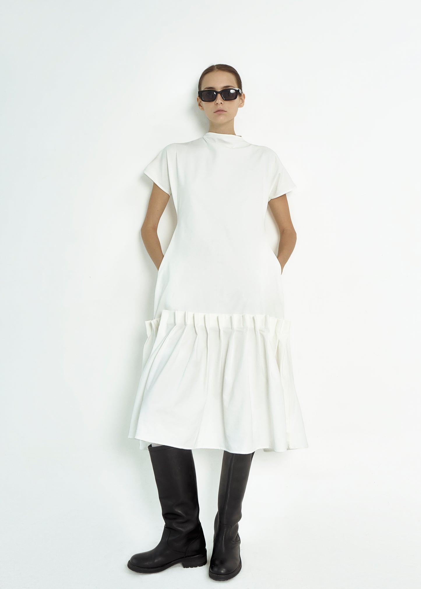 HIGH NECK GATHERED DRESS | WHITE