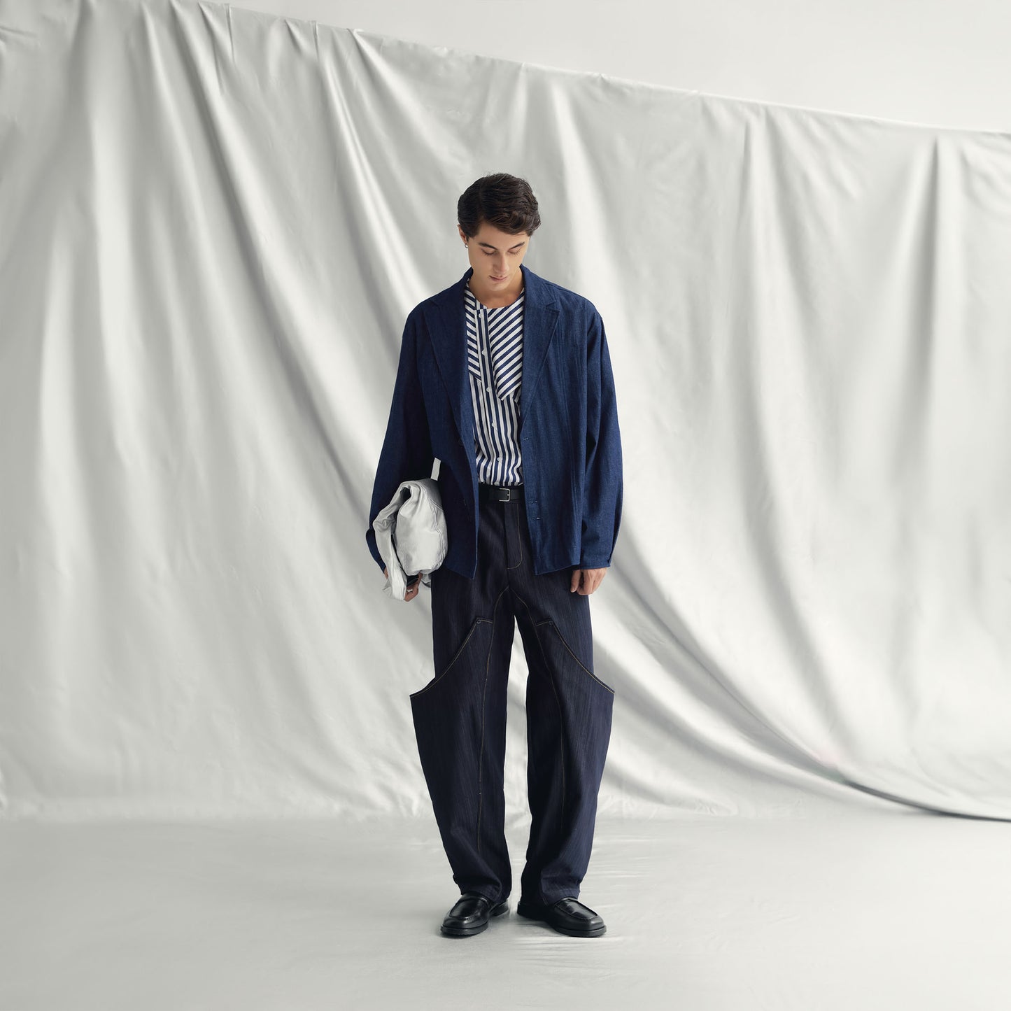 Round neck, long-sleeve cotton-poplin shirt with a wide form and cut-out design by AIN, available at ASTOUD.