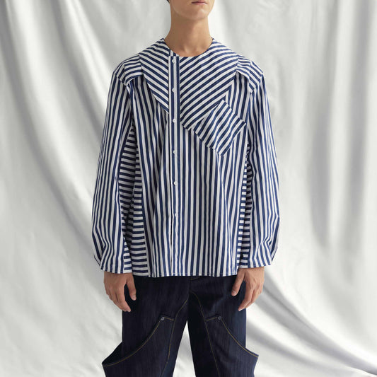 Round neck, long-sleeve cotton-poplin shirt with a wide form and cut-out design by AIN, available at ASTOUD.