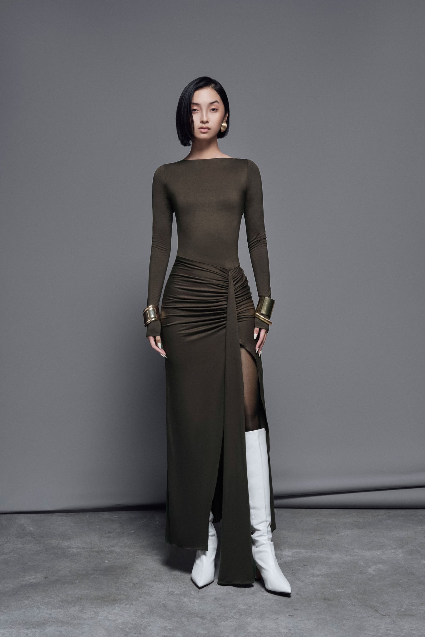 green-brown-cotton-ruched-maxi-dress-FORTYTHREE-ASTOUD