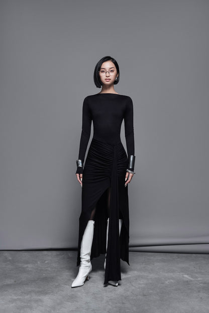 black-cotton-ruched-maxi-dress-FORTYTHREE-ASTOUD