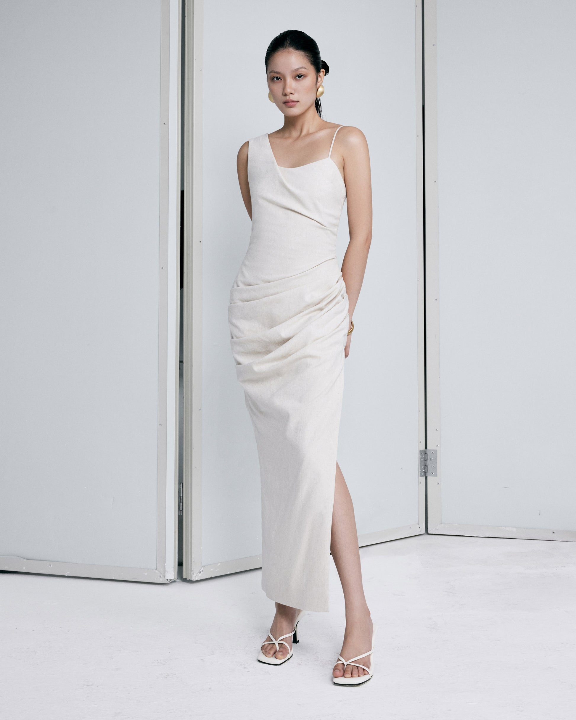 open-beige-linen-draped-dress-FORTYTHREE-ASTOUD