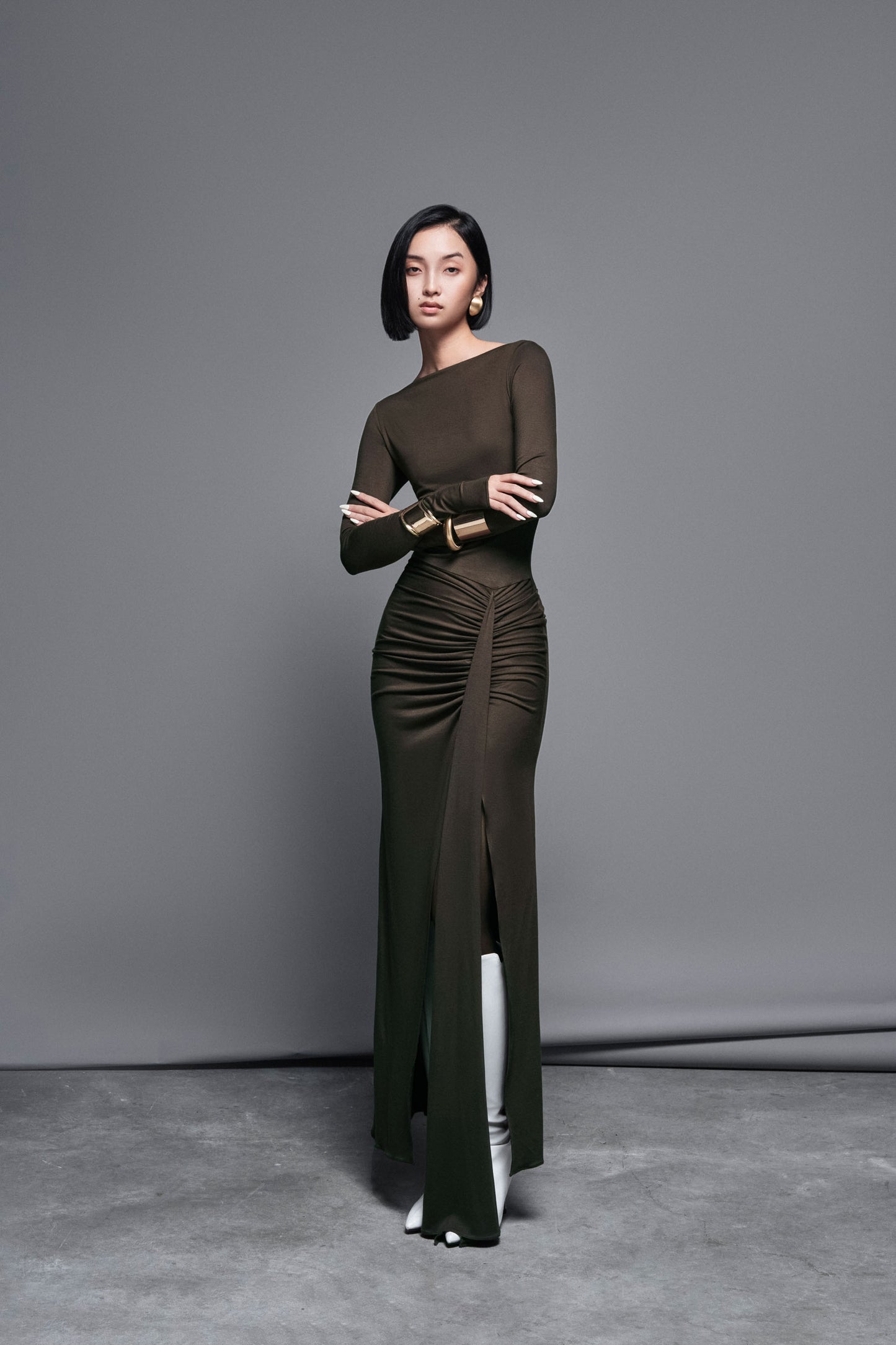 green-brown-cotton-ruched-maxi-dress-FORTYTHREE-ASTOUD