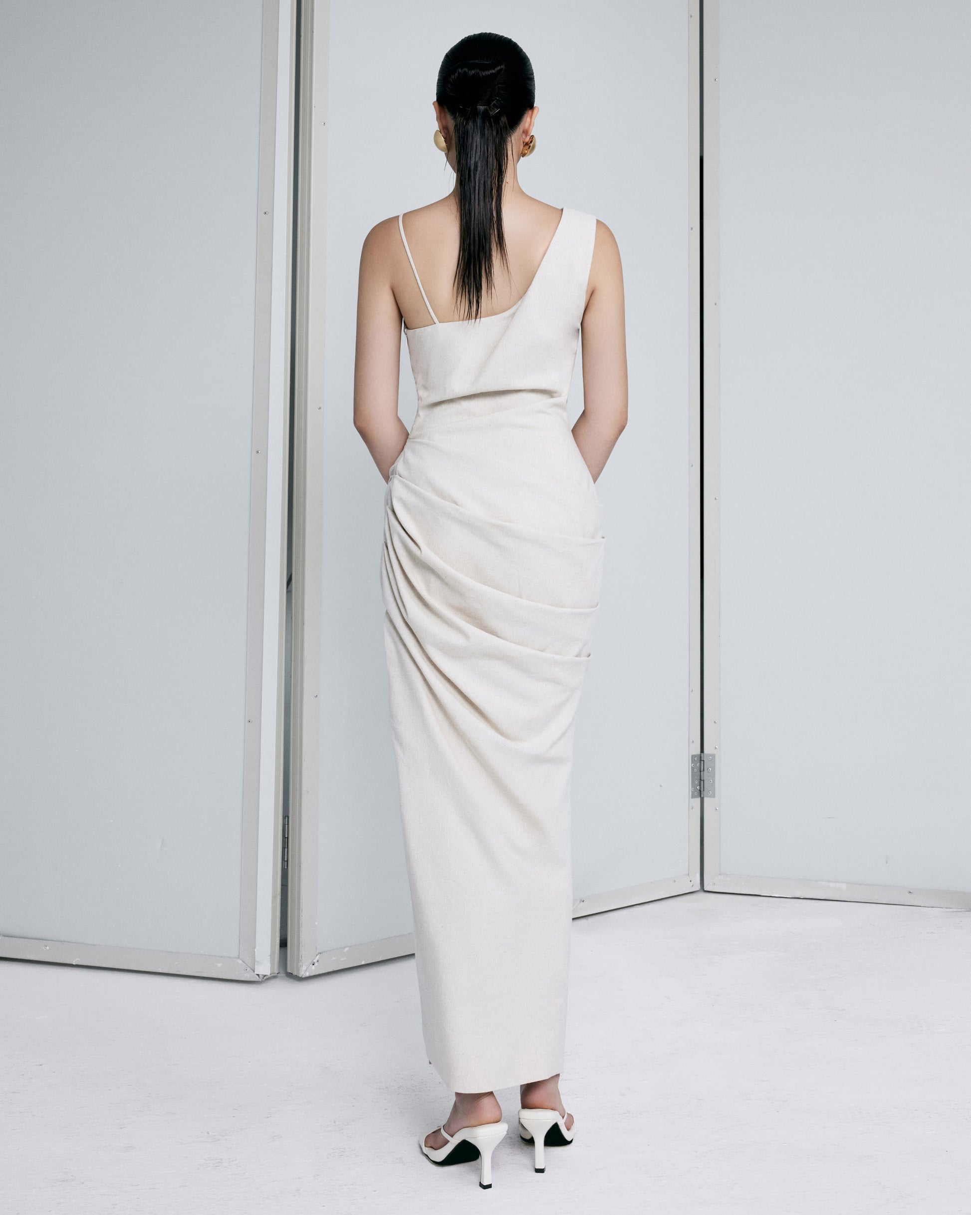 open-beige-linen-draped-dress-FORTYTHREE-ASTOUD