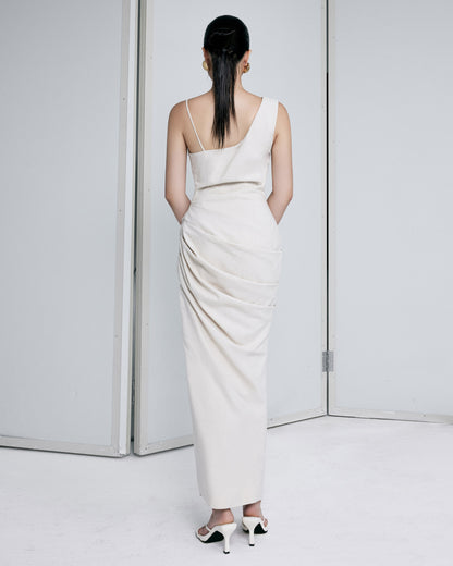 open-beige-linen-draped-dress-FORTYTHREE-ASTOUD
