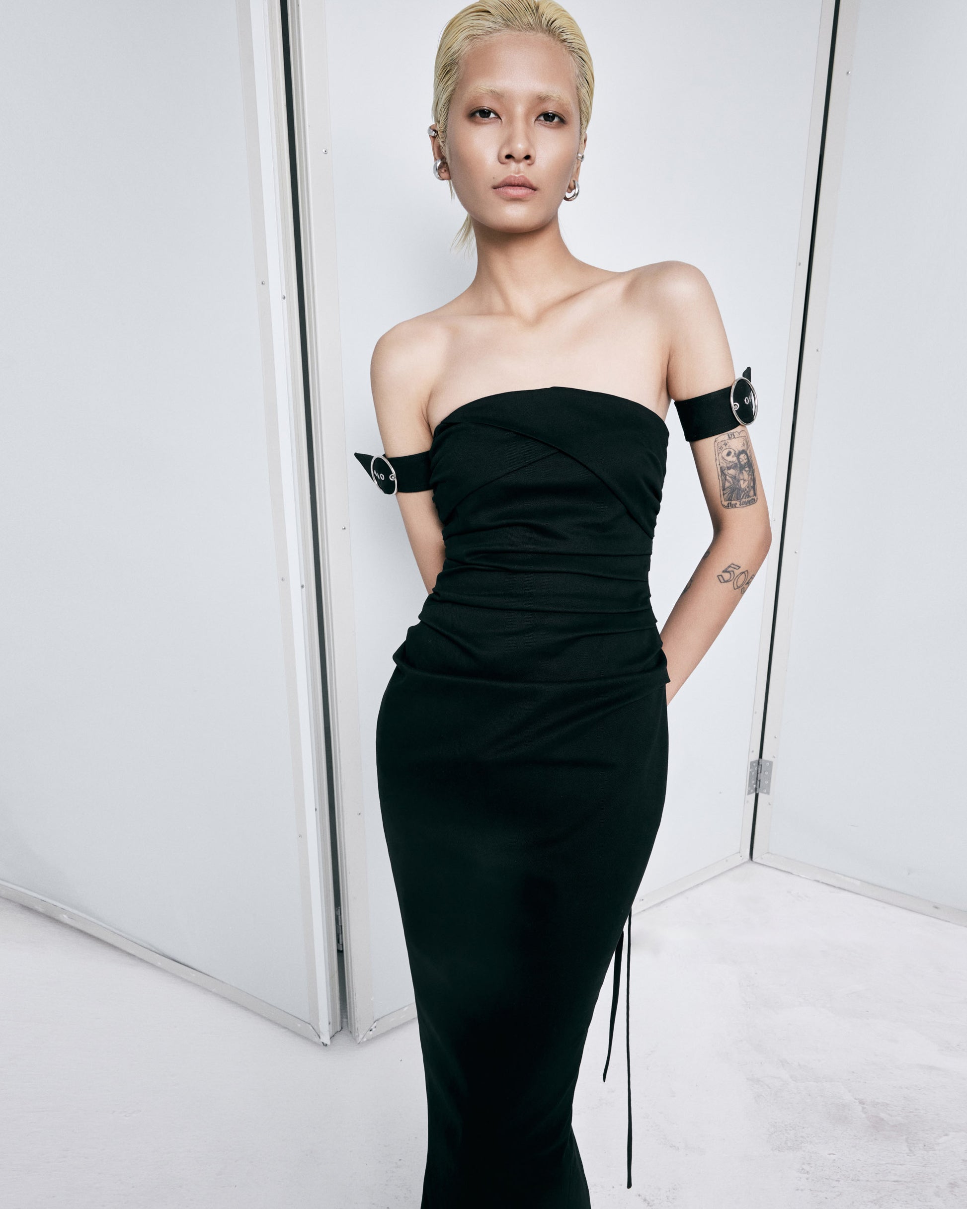 black-denim-bustier-draped-dress-FORTYTHREE-ASTOUD