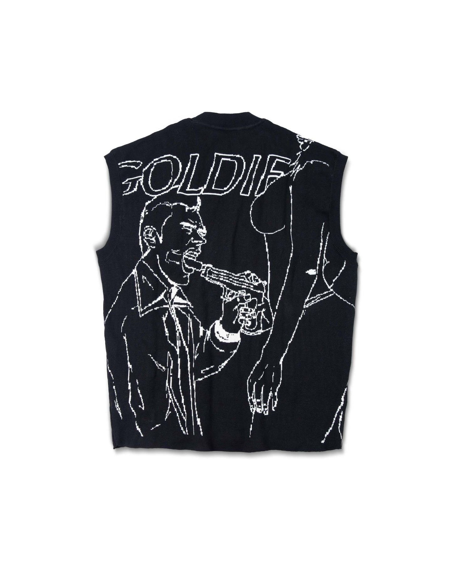 HA Manipulated Knit Vest with woven pattern in black by GOLDIE, available at ASTOUD - men's shirts and tops collection.