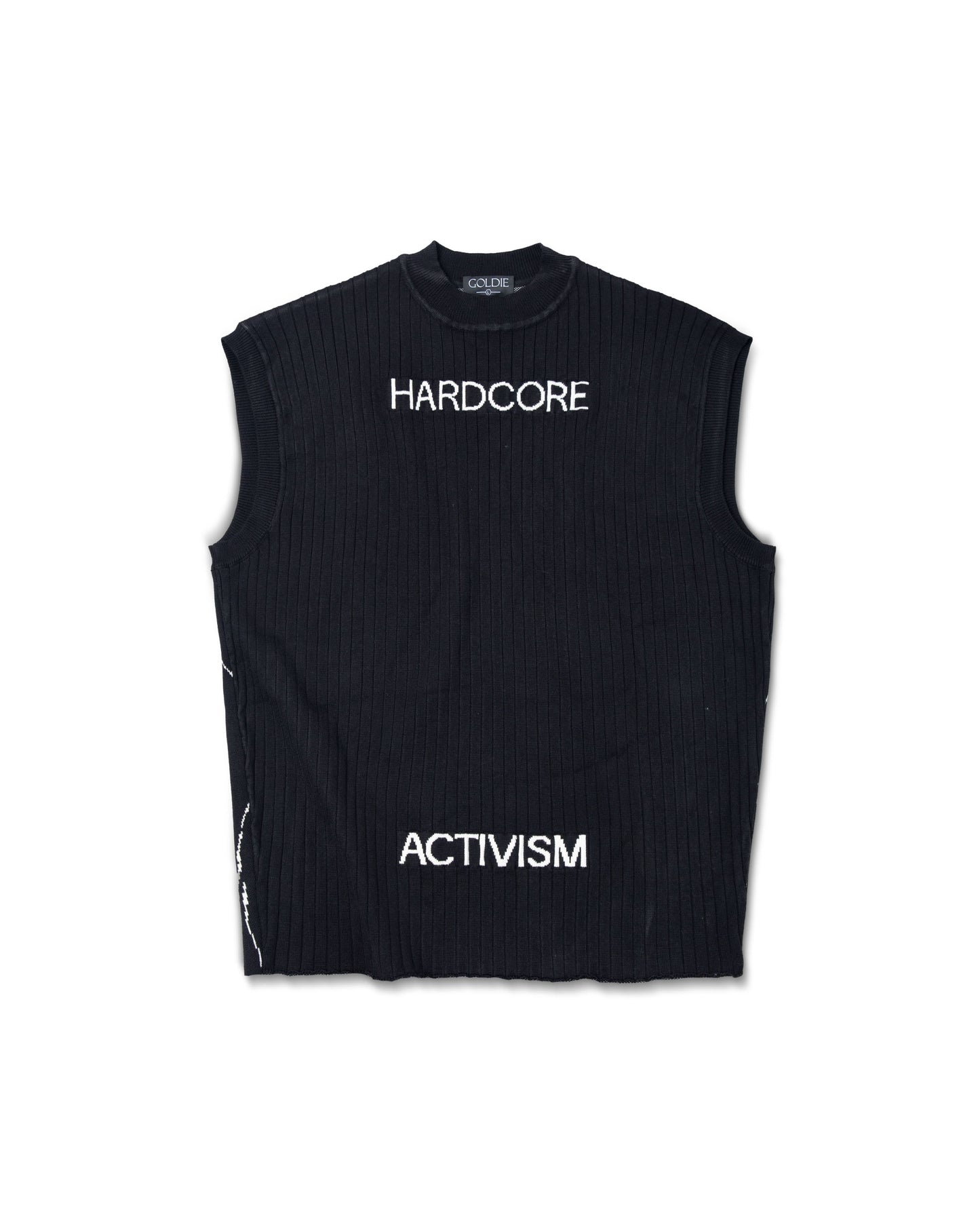 HA Manipulated Knit Vest with woven pattern in black by GOLDIE, available at ASTOUD - men's shirts and tops collection.