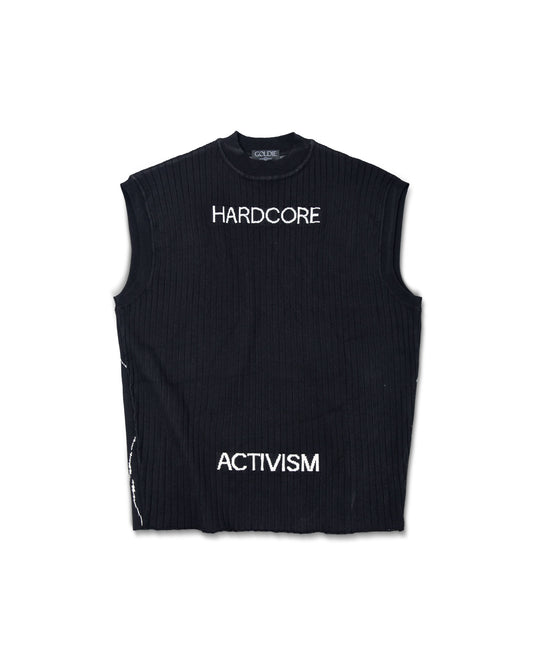 HA Manipulated Knit Vest with woven pattern in black by GOLDIE, available at ASTOUD - men's shirts and tops collection.