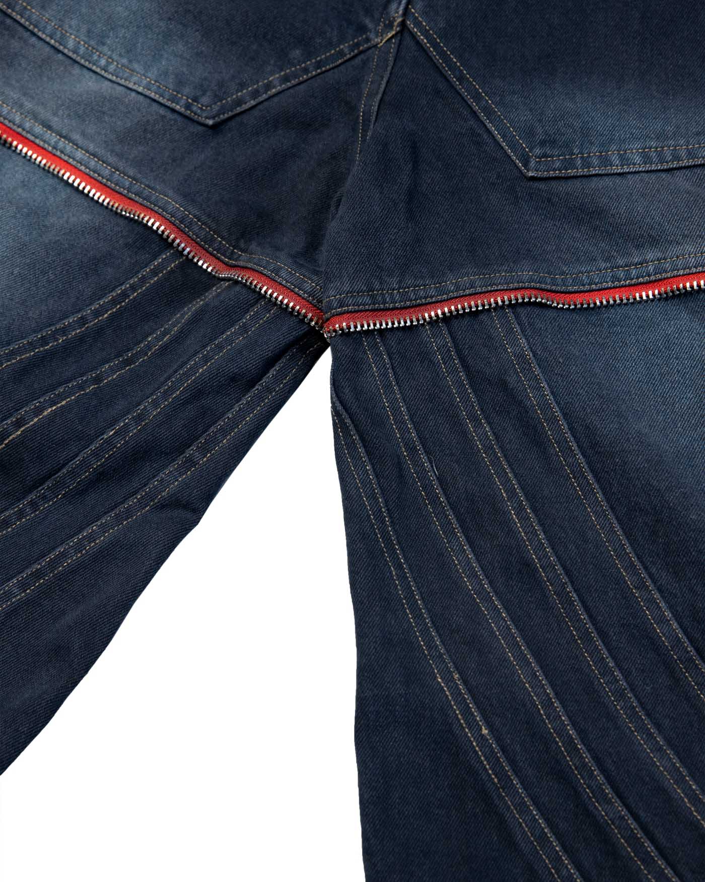 WAVE Washed Red Zipped Pants with decorative zippers and flared legs