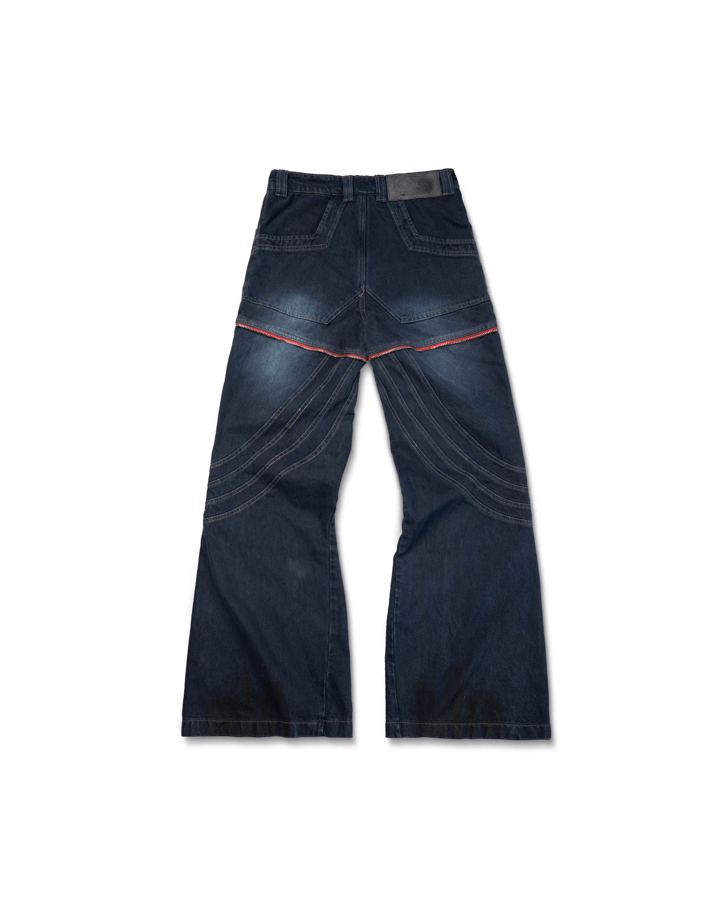 WAVE Washed Red Zipped Pants with decorative zippers and flared legs