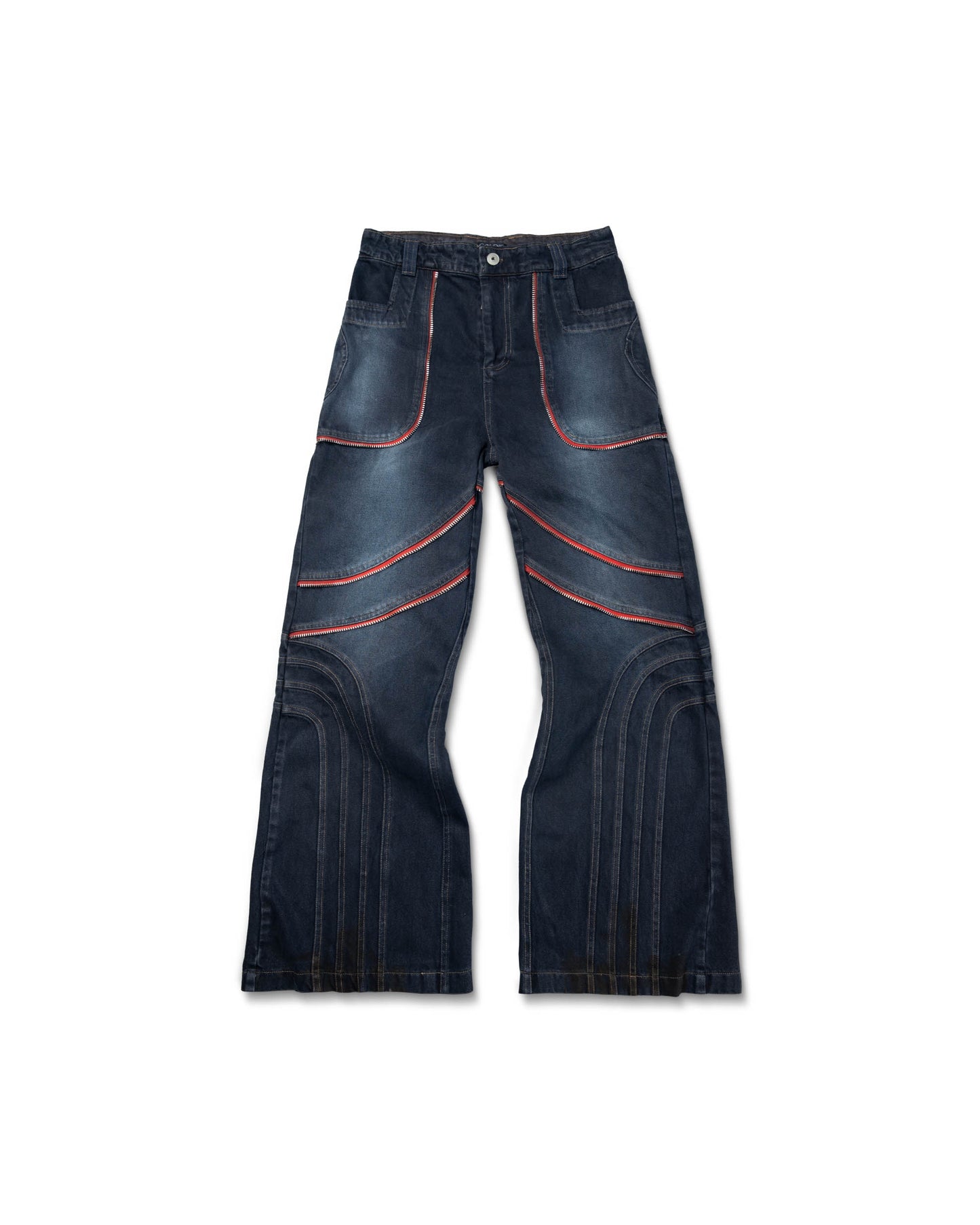 WAVE Washed Red Zipped Pants with decorative zippers and flared legs