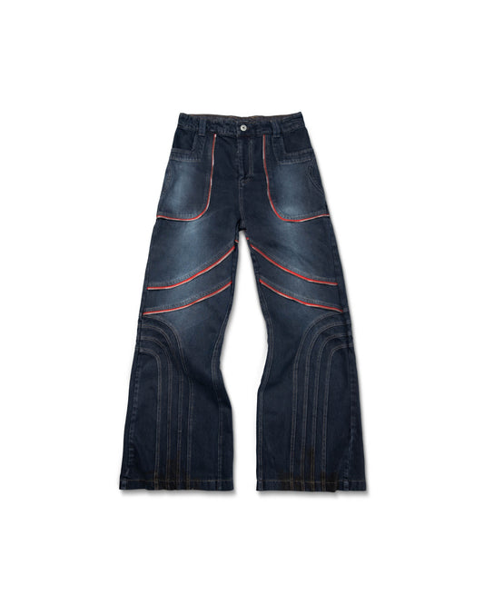 WAVE Washed Red Zipped Pants with decorative zippers and flared legs
