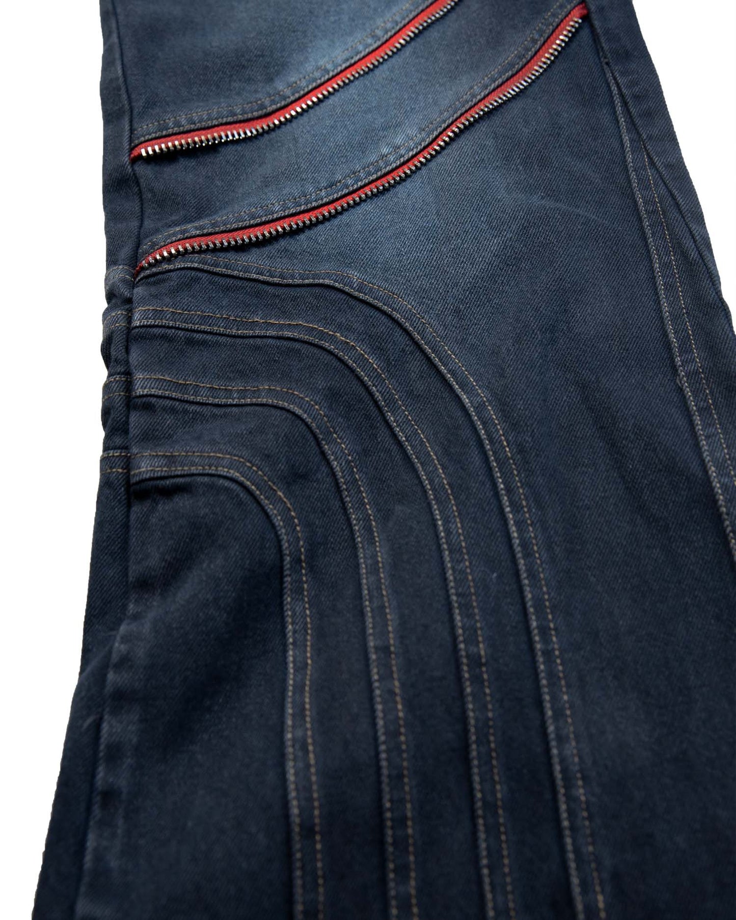 WAVE Washed Red Zipped Pants with decorative zippers and flared legs