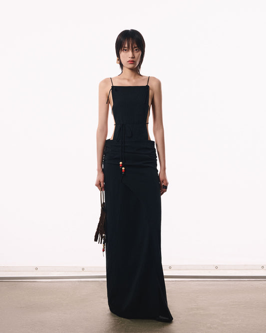 black-full-length-backless-dress-split-draped-waist-the-idiot