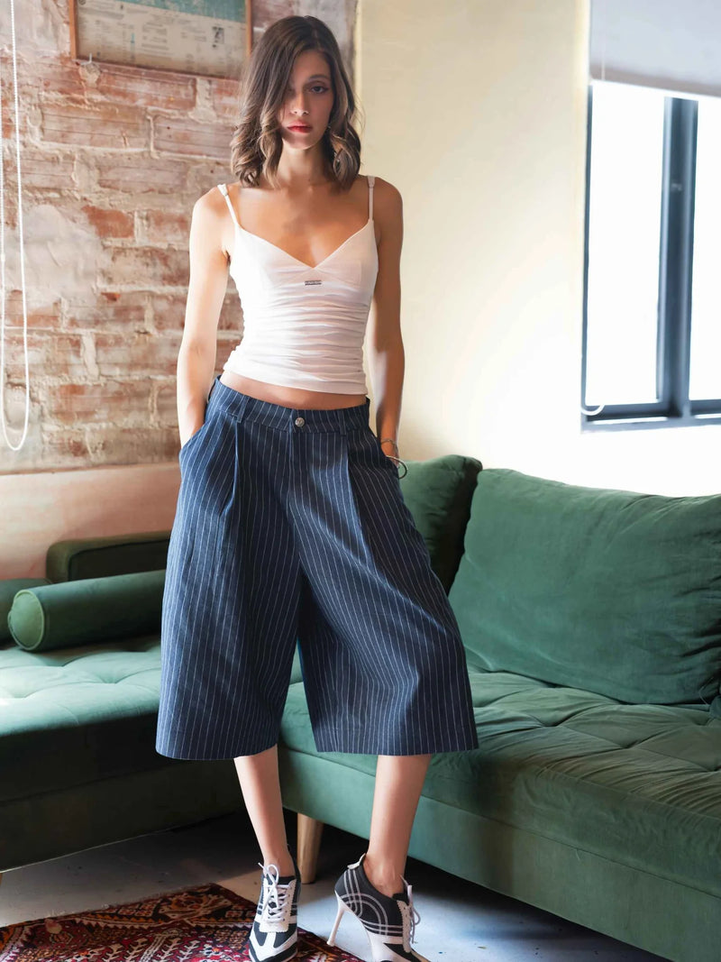 パンツ push push PP PINSTRIPE JORT PUSH PUSH - Navy PP Pinstripes Jorts - ASTOUD